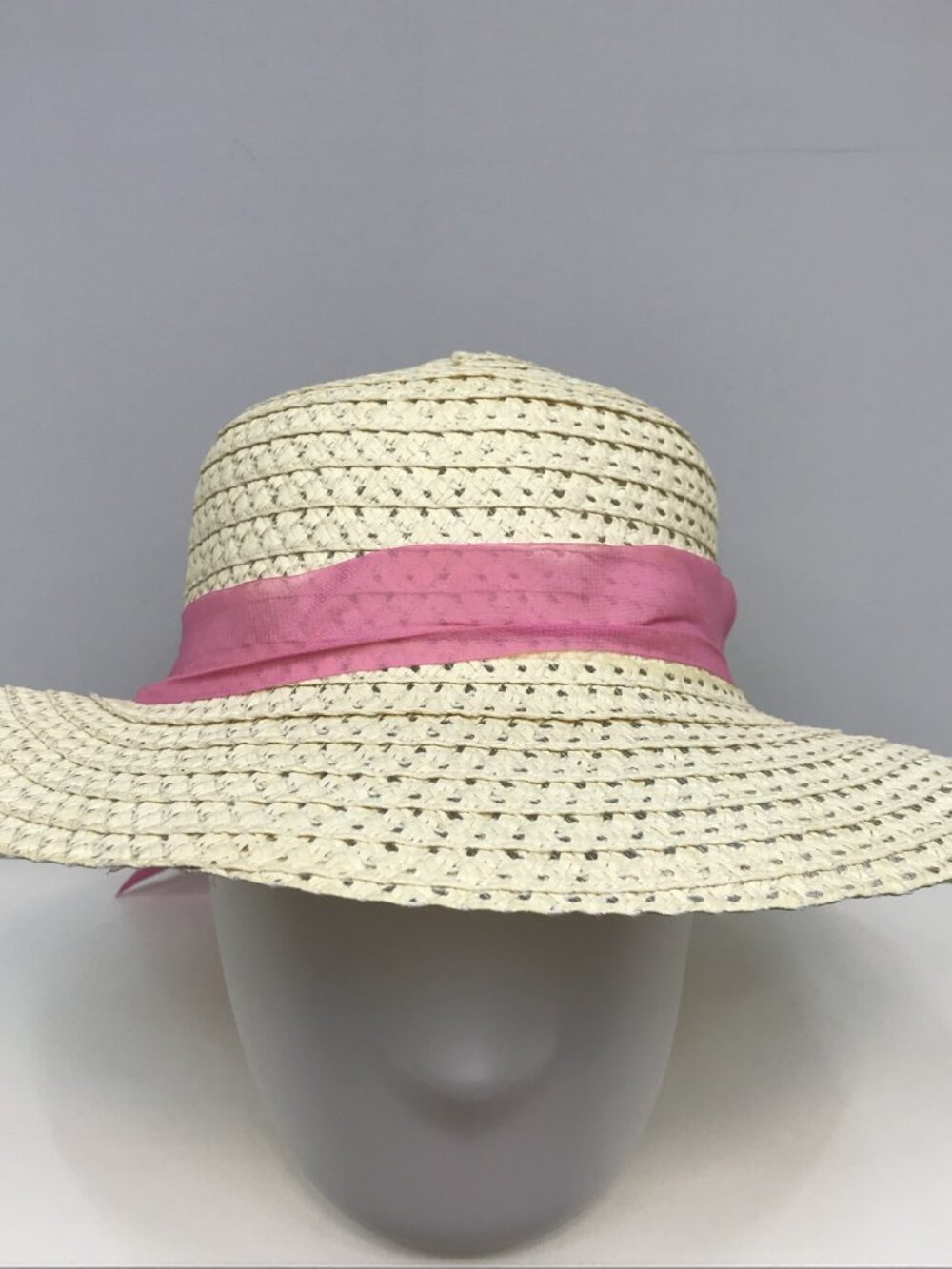 Women's Beige Pink Ribbon Wide Brim Floppy Straw Summer Beach Sun Pool Hat